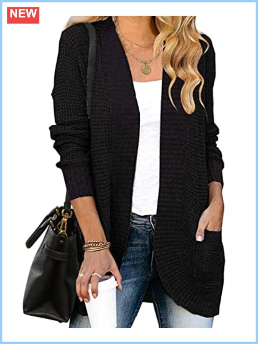 Women's Open Front Cardigan Chunky Knit Draped Long Sleeve Waffle Knit